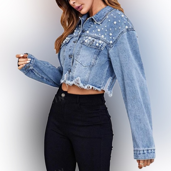 Pearls Beaded denim jacket Raw Hem Crop Jean distressed womens S teen juniors XS - Picture 3 of 7